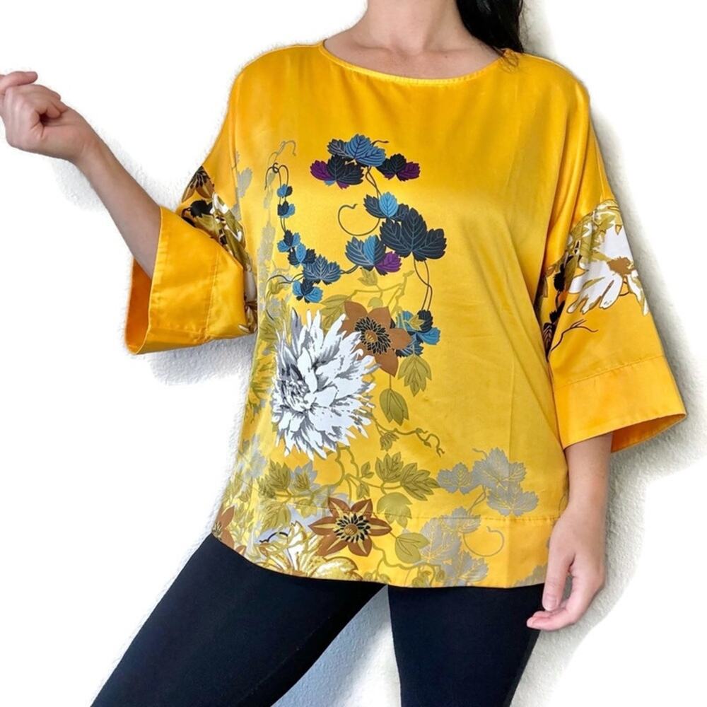 Soft Surroundings Canary Yellow Zehra Floral Satin Blouse Top Size Petite XL